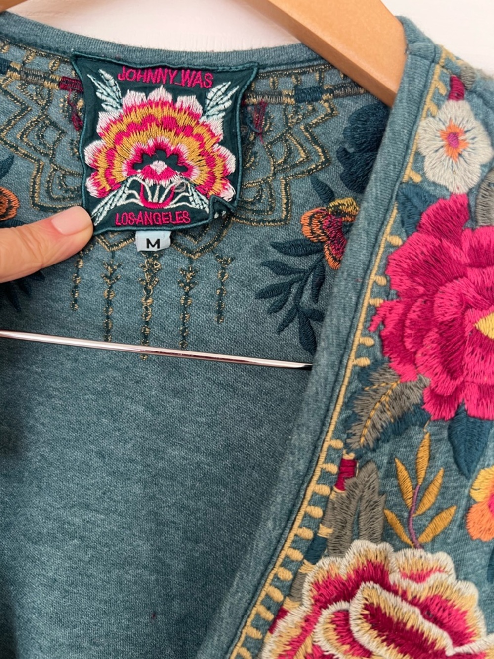 Johnny Was Teal V-Neck Tunic with Multicolor Floral Embroidery - Picture 2 of 6